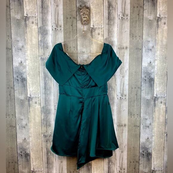 NWT Lulus Always Celebrating Dark Green Satin Off-the-Shoulder Mini Dress Large - Picture 3 of 15